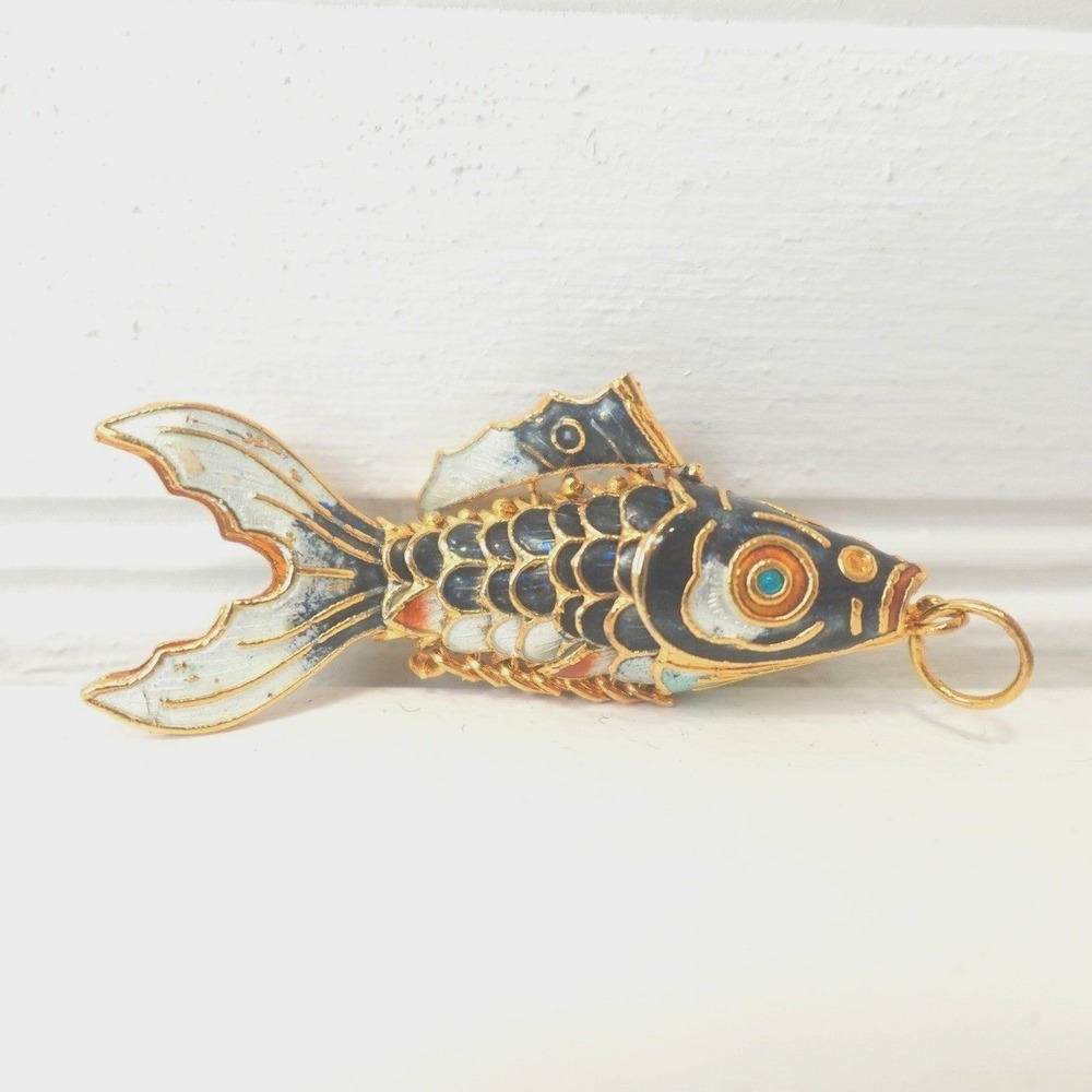 Vintage Cloisonné Koi Fish Pendant Articulated Moving Enamel Gold Tone Charm
